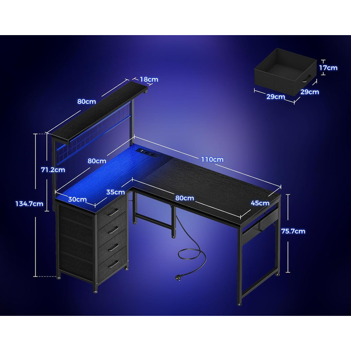 Ігровий стіл Coleshome з LED підсвічуванням, 110x80 см. Реверсивний стіл з шухлядами та розетками, кутовий стіл з полицею та місцем для зберігання, чорний