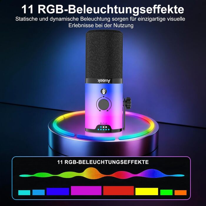 Мікрофон Aveek USB/XLR динамічний з тримачем, з функцією Mute, шумозаглушенням та RGB підсвіткою для ПК, стрімінгу, подкастів та запису