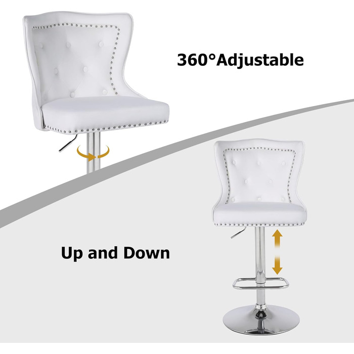 Modern Velvet Bar Stools 2-Pack - Adjustable Kitchen Counter Stools with Lion Paw Pulls - 360° Swivel, Black (White Option), 4-Pack Available