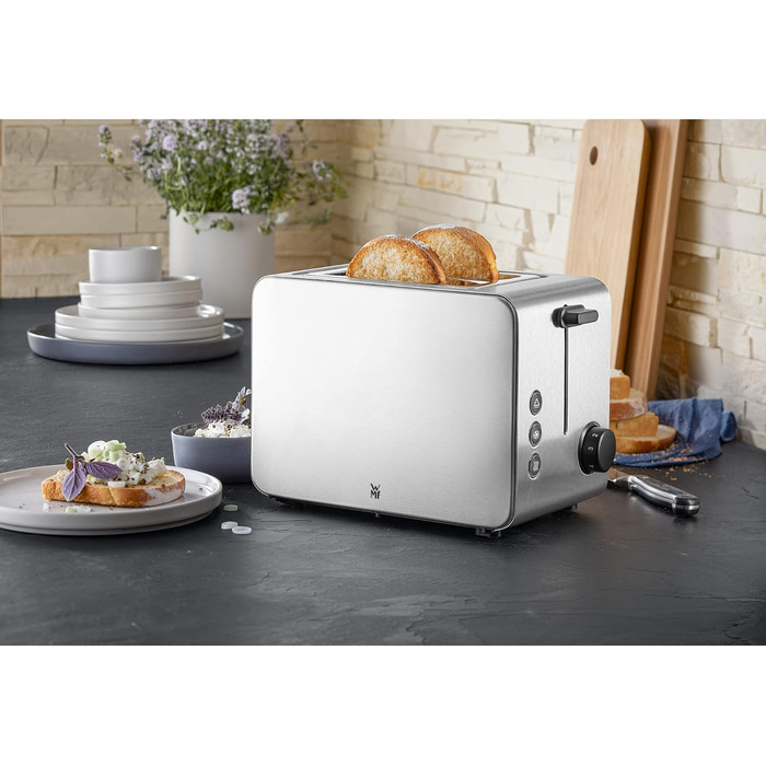 WMF Stelio 2-Slice Stainless Steel Toaster, Double-Slot Toaster with Bread Roll Attachment, Bagel Function, 7 Browning Levels, 900 W, Matte Stainless Steel Toaster