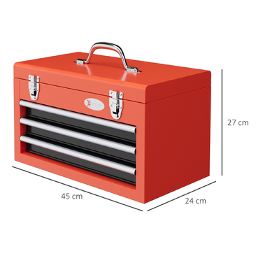 DURHAND Empty Tool Box, 45 x 24 x 27 cm Tool Box with 3 Drawers, Upper Storage Compartment, Handle, Tool Case with 2 Locks, Steel, Red | Aosom