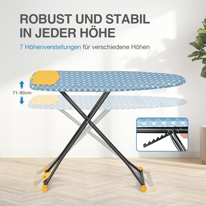 KINGRACK Прасувальна дошка з інтегрованою підкладкою з силікону, компактна та економна, з надзвичайно товстою поверхнею, 7 рівнів регулювання висоти, для підвішування на стіну та у шафу – 38x121 см, жовта