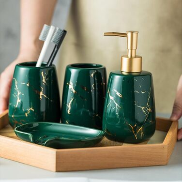 Набір аксесуарів для ванної кімнати 4 шт. сірий, з дозатором мила, мильницею та склянками для зубних щіток, з малюнком 