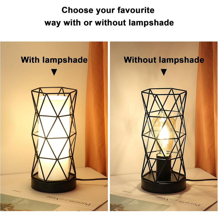 Настільна лампа з дерева та металу, вінтажний стиль, E14/E27, для дитячої, вітальні, спальні, бару (чорний)