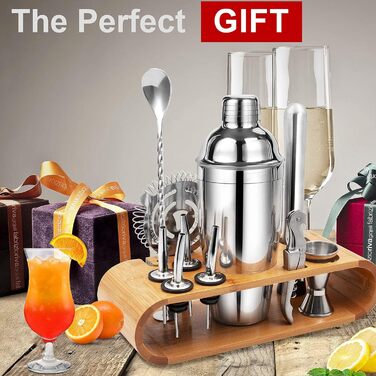 Cocktail Set, Stainless Steel Cocktail Shaker Bar Set, 12-Piece Cocktail Mixer Set with Wooden Stand, Measuring Cups and Bar Spoon, 750ml Shaker Cocktail Set for Home or Bar