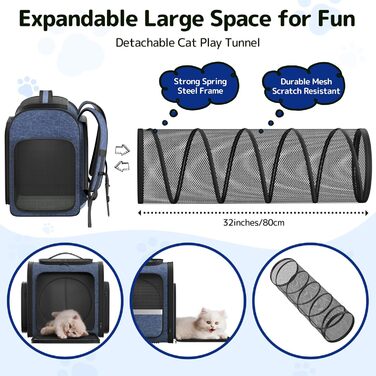 Рюкзак для кота Pawtners з розширеним тунелем для ігор, схвалений авіакомпаніями, для собак та котів до 11,3 кг, складаний, блакитний (40 x 32 x 38 см)