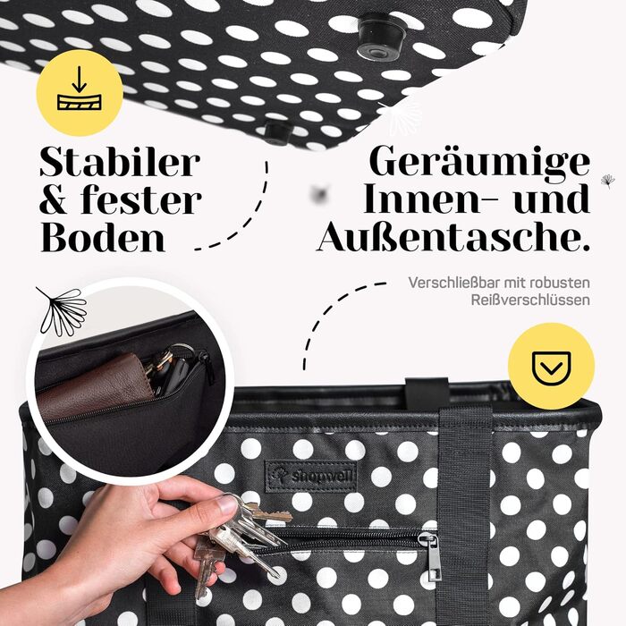 Foldable Shopping Basket in Premium Quality | Shopping Bag with Soft PU Leather Handle | Ideal Shopping Basket with 30 Liter Capacity | Sturdy & Secure Shopping Bag (Black/White Dotted)