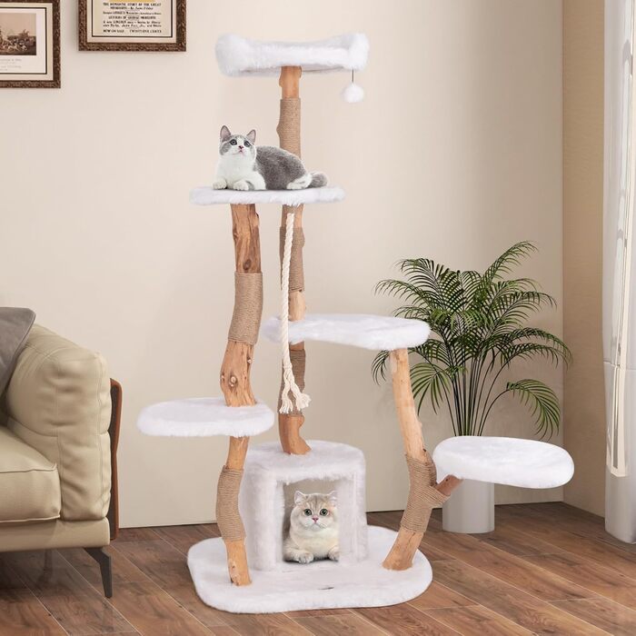 Дерев'яний кігтеточки для котів Costway 87см з гамаком та джутовими стовпчиками, з м'якими сидіннями, білий, 2 стовпчики (3 стовпчики з печереєю)