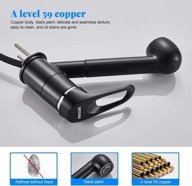 Висувна кухонна змішувач BONADE з двома виходами для води, поворотна на 360°, чорний