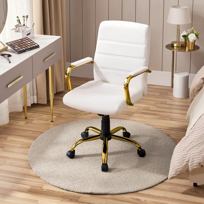 Офісне крісло Yaheetech з ергономічною спинкою, поворотне, з роликами та підлокітниками, до 130 кг, білий/золотий