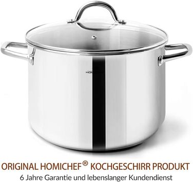 HOMICHEF Суповий каструля 9,5 л з кришкою, нікель-вільна нержавіюча сталь, індукційна, зручні ручки, полірована, срібляста, преміум-якість