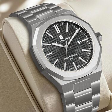 Годинник SAPPHERO для чоловіків з нержавіючої сталі, 50M водостійкий, класичний аналоговий кварц з календарем. Елегантний подарунок для чоловіків (сріблястий браслет/чорний циферблат)