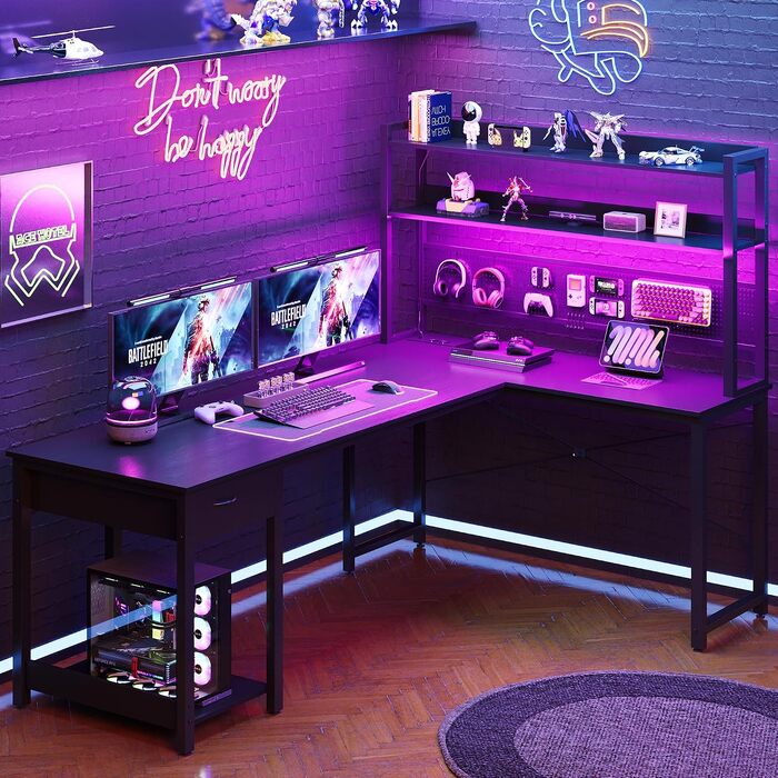 Кутовий ігровий стіл YOUDENOVA з перфорованою панеллю, полицями та USB-розетками, L-подібний робочий стіл з місцем для зберігання (Чорний, 155 x 100 x 152 см)
