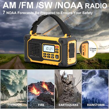 Радіо для надзвичайних ситуацій, AM/FM/SW/NOAA: радіо з ручним заводом, 37000 мWh, USB/сонячна/ручна зарядка, живлення від AAA-акумулятора, SOS-сигнал та ліхтарик для дому та вулиці