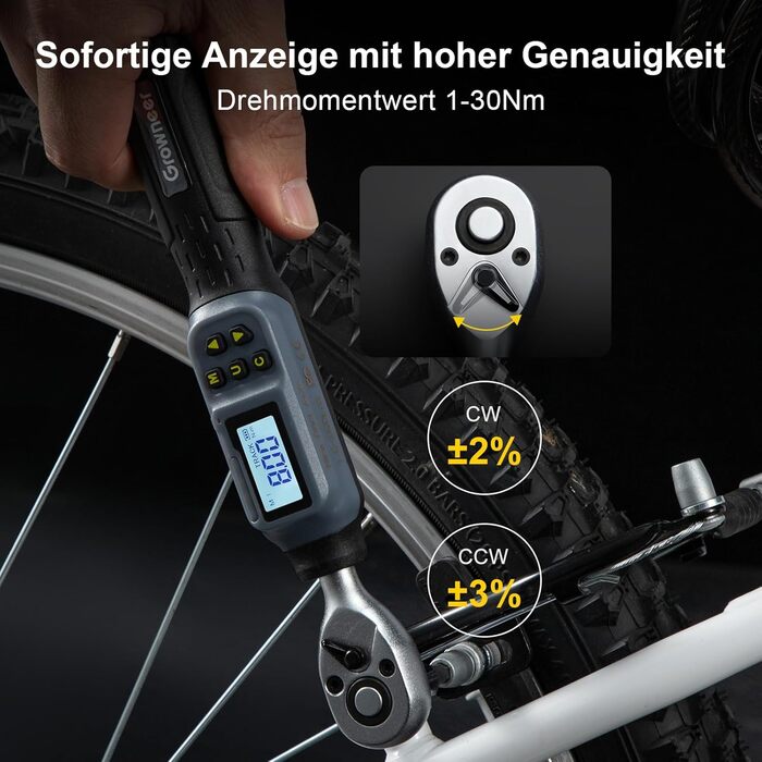 Цифровий шуруповерт з моментом обертання GROWNEER, 2.66-53.1 In-lbs/ 1/4'' Drive, 1.5-30 Nm, з індикатором крутного моменту, звуковим сигналом та LED-дисплеєм, 27 в 1