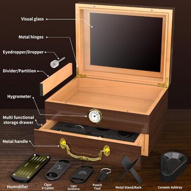 Герметичний вологомір для сигар | Humidor з вологоміром, виготовлений з порцелянового дерева, аксесуари, повний комплект аксесуарів | Для 20–70 сигар (Колір: чорне горіхове дерево)