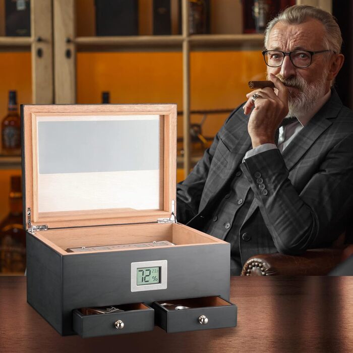 Гумодор для сигар FANKAI з 2 шухлядами, аксесуари для сигар з зволожувачем, ящик для сигар з масивного кедру, подарунок для чоловіків, гумодор зі скляною кришкою, кейс для сигар на 25-50 штук