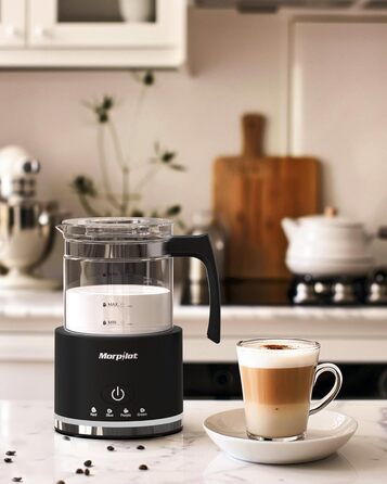 Morpilot Milk Frother Electric, 500ml 600W, 4 in 1 Milk Frother for Hot and Cold, Dishwasher Safe, Visual Glass, Latte Design, White (Black)
