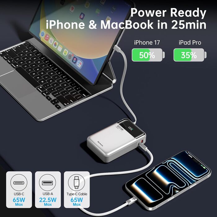 Power Bank Hichain 65W 20000mAh USB-C з кабелем, LED-дисплей, сріблястий - для MacBook, iPhone, Samsung, iPad