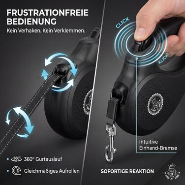 Висувна поводок для собак HUND IST KÖNIG 5м для малих та великих собак | Міцний поводок з комфортною ручкою | Білий | Чорний (M, 5м, до 25кг)