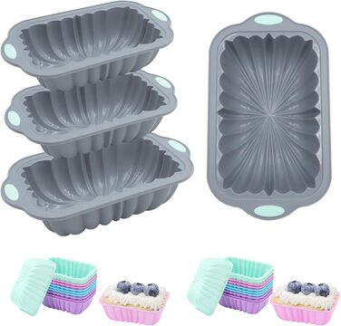 Encounter 28-Piece Silicone Baking Molds Set, Non-Stick Silicone 4/6/8 Cup Toast Pan, Silicone Mold for Bread, Meatloaf, Cake, with 24 Pack Reusable Baking Cups, Light Grey