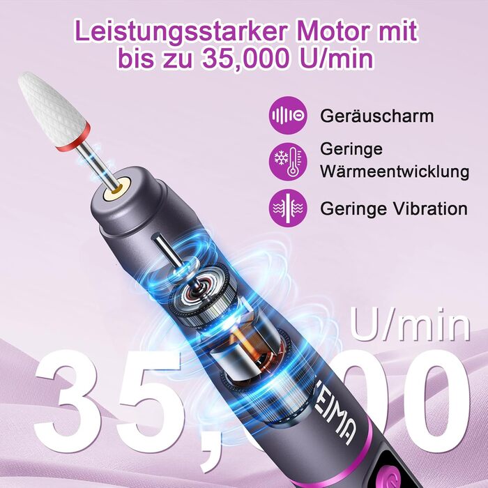 Електричний фрезер для нігтів EWEIMA 13 в 1 бездротовий, 35000 об/хв, 35 швидкостей, 66 насадок для гель-манікюру, професійний нейл-дриль, 1000mAh, сірий