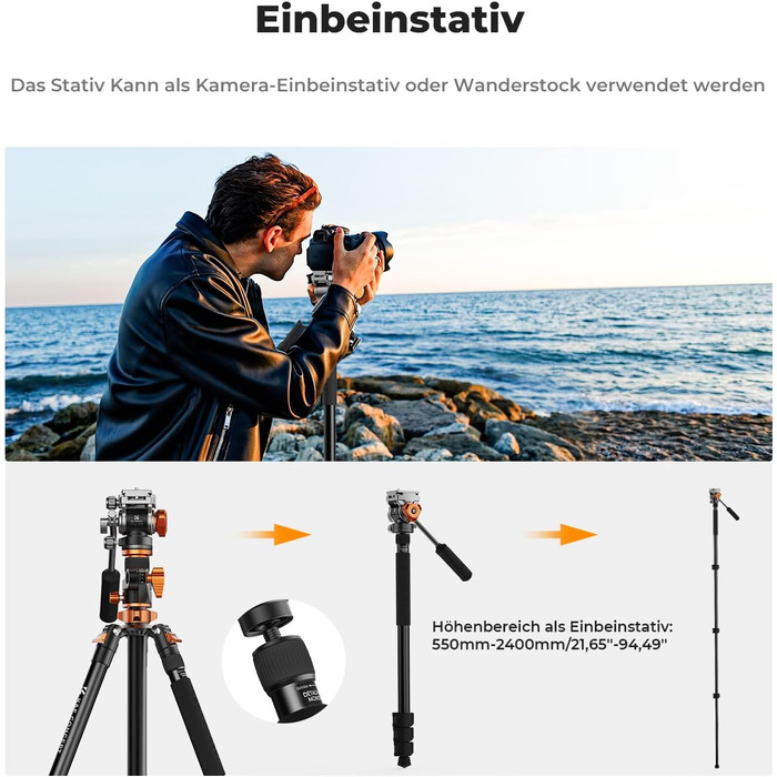 Штатив для камери K&F Concept T254A7+BH-28L, 231 см, професійний, з рідинною головкою