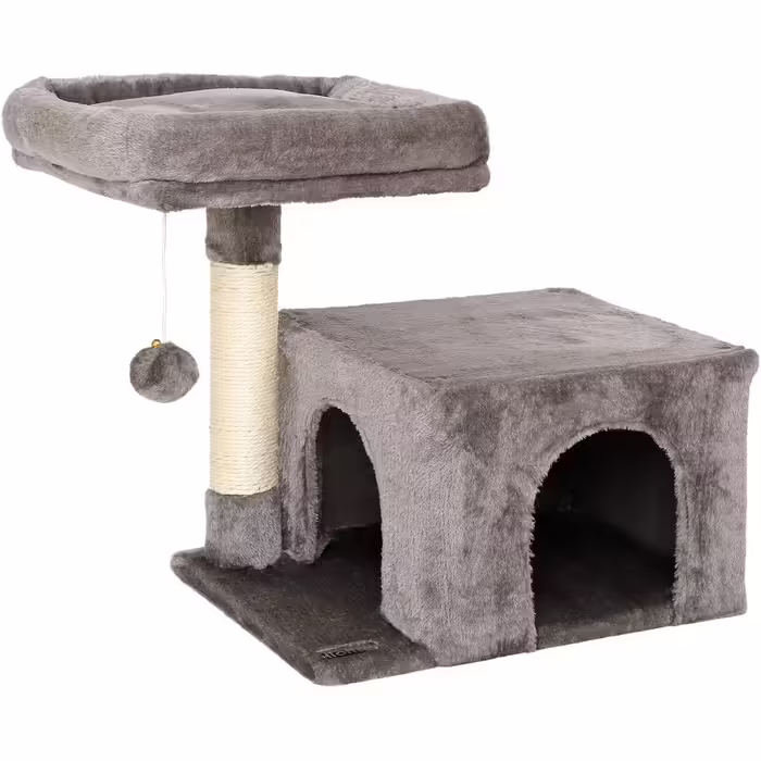 Lionto Scratching Post for Cats with Cozy Lying Area & Cave, Height 50 cm, Cat Tree with Plush Ball incl. Bell, Sisal Rope & Soft Plush, Suitable for Small & Large Cats, (Dark Grey)