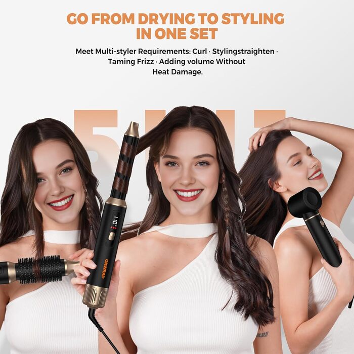 OKWRAP Haarstyler 5-в-1: Airbrush з LCD, Набір для укладки волосся, Фен з насадками, Випрямляч, Локони, Чорний