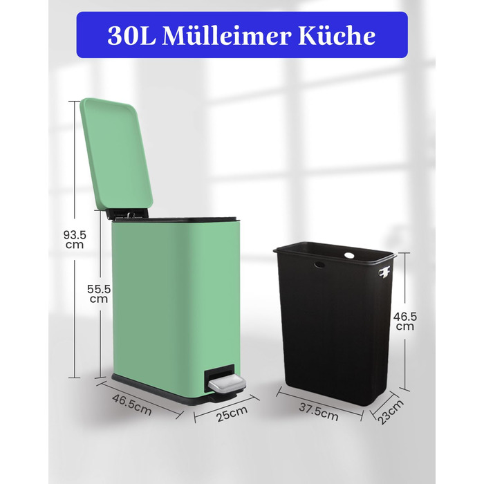 Відро для сміття кухонне 30л, нержавіюча сталь, з кришкою, внутрішній відерцем, прямокутне, зелене