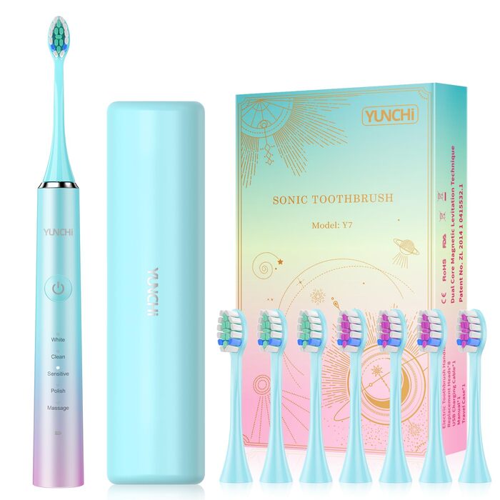 Електрична зубна щітка YUNCHI C2 з 40000 вібрацій на хвилину, звукова щітка для дорослих, зарядка USB-C, акумулятор до 55 днів, 5 режимів чищення, таймер 2 хвилини, 8 насадок, дорожній футляр, чорний (Ycdz-y7)