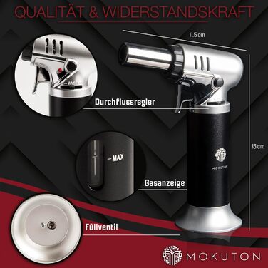 Професійний газовий пальник MOKUTON з можливістю заправки бутаном - кухонний Бюксенбернер для крем-брюле, точне регулювання полум'я, просте використання та виняткова довговічність