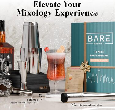 Bare Barrel Pro Cocktail Set - 14-Piece Boston Shaker Bar Set with Stand & Recipe Cards - Jet Black & Silver
