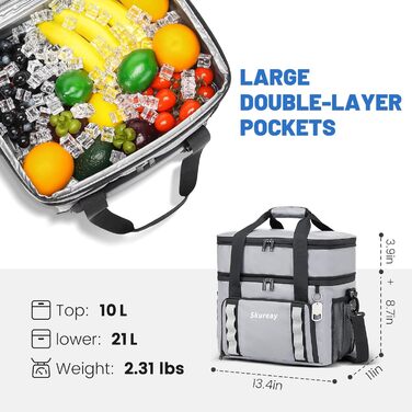 Велика розширювана сумка-холодильник з м'якого матеріалу, двоярусна ланч-сумка для жінок та чоловіків, вміщує 40 банок, вологостійка та портативна – ідеально для пляжу, кемпінгу, подорожей (Сірий)