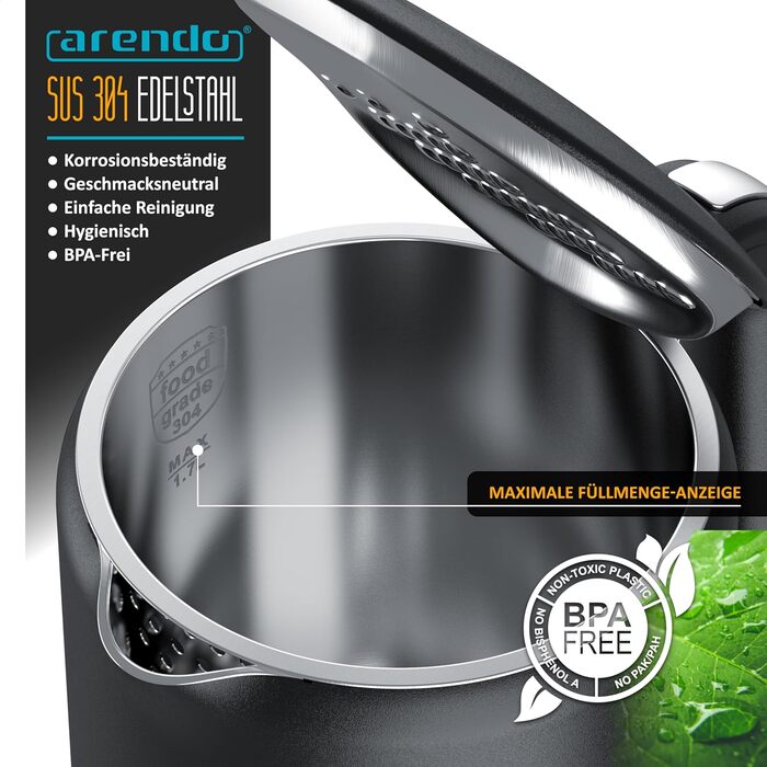 Електричний чайник Arendo з регулюванням температури, нержавіюча сталь, подвійні стінки Cool Touch, дисплей, бездротовий, 2200 Вт, 1.7л, захист від перегріву, функція підтримання тепла, чорний