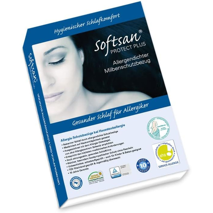 Softsan Protect Plus Mattress Cover, mite-proof 90x200x25 cm, height 25 cm, encasing, dust mite protection for house dust allergy sufferers, mite feces-proof, white