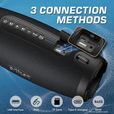 Ortizan Bluetooth колонка портативна 80 Вт, чорна: Водонепроникна IPX7, LED-підсвітка, Power Bank, до 12 год. роботи, Extra Bass