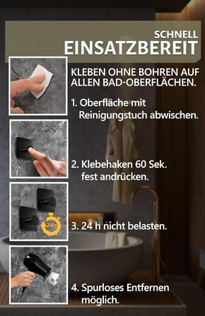 Набір гачків для рушників 4smile - 5 шт. без свердління, чорний колір, для ванної кімнати, самоклеючі, extra-strong, з 3M-клейкими панелями