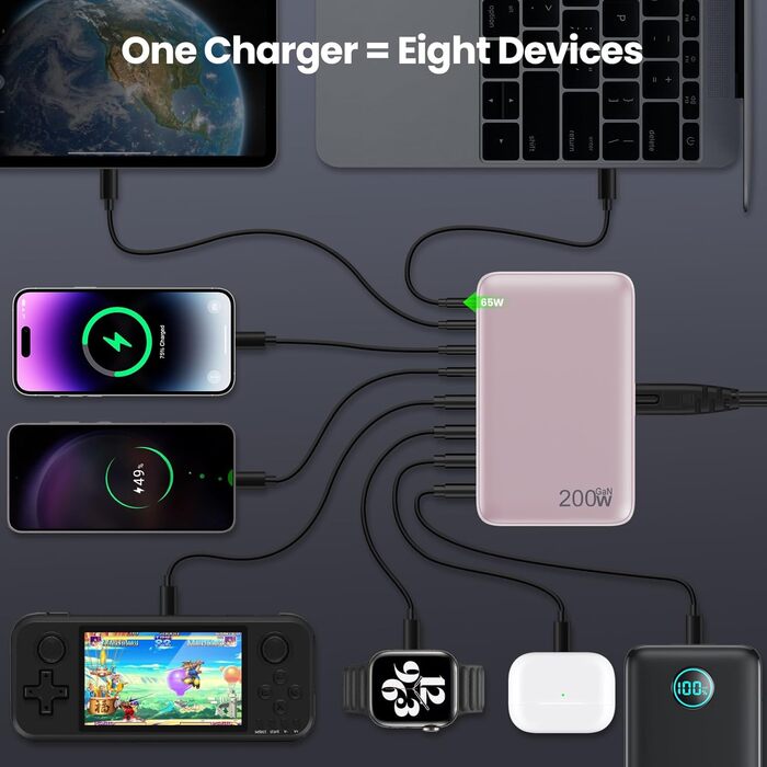 Зарядний пристрій Feob USB-C GaN III 8-Port 200W PPS PD 65W – для MacBook, iPhone, Steam Deck, смартфонів (Рожевий)