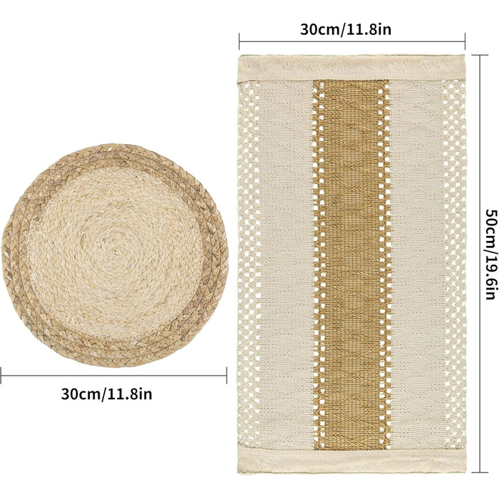 Zology Handcrafted Boho Placemats, Set of 6, Natural Cotton, Burlap & Water Hyacinth, Woven Combination Placemats, Macrame Decor & Farmhouse Style, Placemats for Dining Table, Kitchen