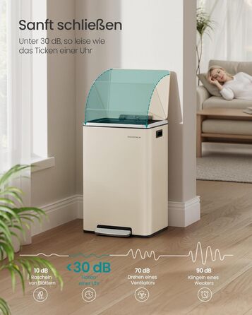 Відро для сміття SONGMICS 50 л, нержавіюча сталь, знімний внутрішній відро, Soft-Close, з кришкою та ручками, кремовий (LTB595E01)