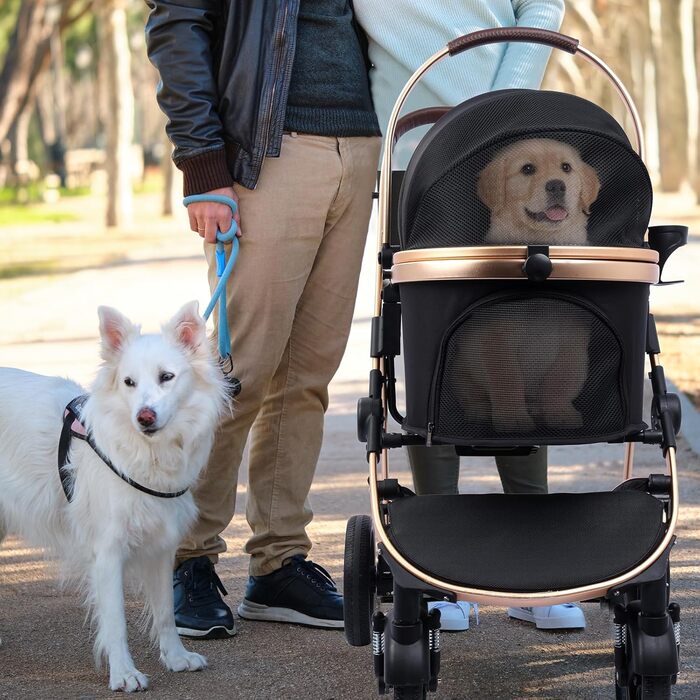 Трансформер для собак, візок-кішочка, складний, до 25 кг, з алюмінієвим каркасом, поворотні колеса, гальма, страховка, зручне сидіння (Чорний)