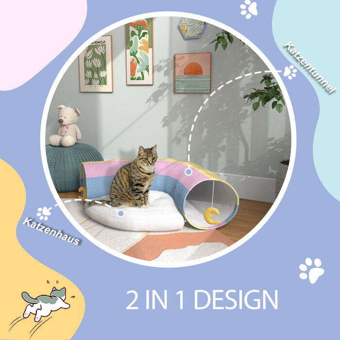 PawHut Тунель для котів, іграшка для котів, 2 іграшки, 1 м'який лежак, грайливий дизайн, 105 см x 65 см x 28 см, різнокольоровий