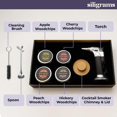 Набір для копчення напоїв Siligrams Cocktail, преміум-якість, для віскі, коктейлів, з бутановою факелом та стружкою, Smoker Drink Kit