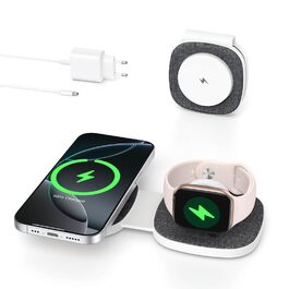Зарядна станція 2-в-1 для Apple Watch та iPhone MagSafe (20W, чорна) - сумісна з iPhone 17e/Air/17/16/15/14/13/12, Apple Watch Series 11/10/9/8/7/6/5/4/3/2/SE/Ultra, AirPods