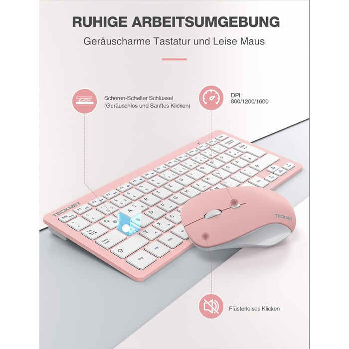 TECKNET Бездротова Клавіатура та Миша, QWERTZ, 2.4 GHz, 15м, Безшумна, для ПК, Ноутбука, Smart TV, Біла (Рожева)