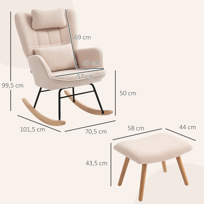 HOMCOM Rocking Chair with Ottoman, Soft Fleece Upholstery, Wooden Legs, Cushion, High Back, Rocker, Beige