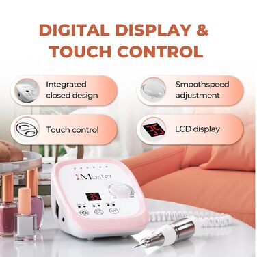 Nagelfräser JCMaster Profi: Електрична шліфувальна машинка для нігтів з педаллю, 35000 об/хв, 6 біт, сенсорне керування (Рожевий)