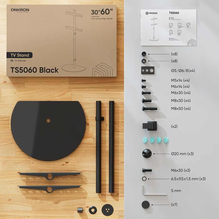 Підставка для телевізора ONKRON TS5060-B: 32-60 дюймів, до 41 кг, регульована, поворотна, VESA 400x400, чорний