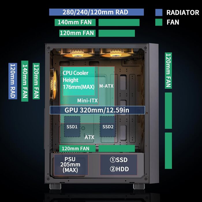 Корпус ПК MUSETEX G07 ATX з 6 вентиляторами ARGB, USB 3.0, чорний, Mid Tower для геймінгу